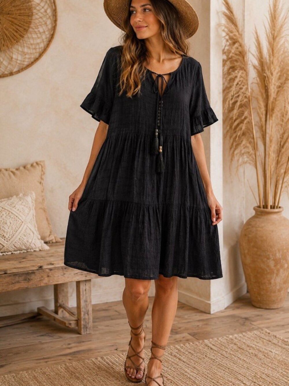 Casual Black Boho Dress sz L Oversized Tiered Peasant Festival Tassel Relaxed
